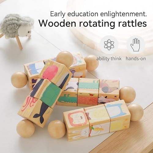 Promise Babe Wooden Animal Puzzle Toy for Toddlers 1-3, Rotating Spin Twist Blocks Set of 2, Learning Educational Montessori Toy Gifts for Kids Boys Girls, Whale and Fox thumbnail 5