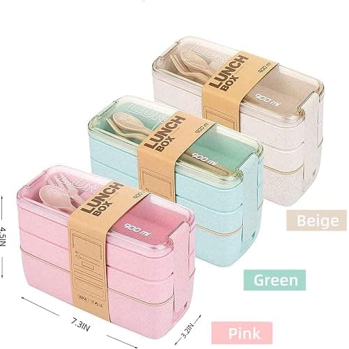 Rarapop 2 Pack Stackable Bento Box Japanese Lunch Box Kit with Spoon & Fork, 3-In-1 Compartment Wheat Straw Meal Prep Containers for Kids & Adults (Pink/Beige) thumbnail 3
