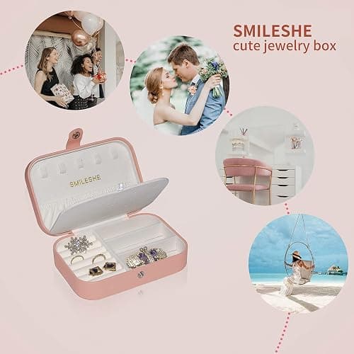 Smileshe Jewelry Box, PU Leather Small Portable Travel Case, 2 Layers Organizer Display Storage Holder Box for Rings, Earrings, Necklaces, Bracelets thumbnail 4