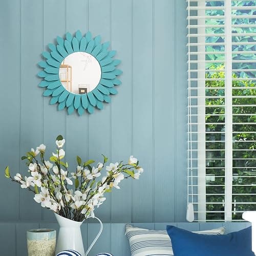 Honiway Beach Wall Decor Mirror 12 inch Wood Coastal Wall Decor Sunburst Boho Home Decor Room Decor for Bedroom Living Room Bathroom Cyan thumbnail 2