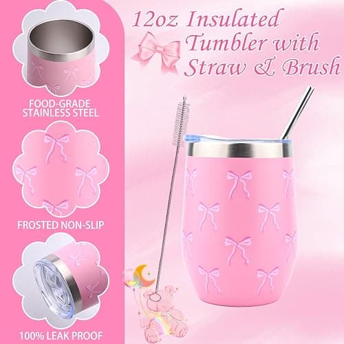 Gifts for Girls 7 8 9 10 11 12 13 14 15 Year Old, Birthday Gifts Presents for Teenage Girls Age 6-16, Insulated Tumbler with Lid and Straw, Makeup Brushes Cosmetic Bag Headband Keychain,Bow Coffee Cup thumbnail 3
