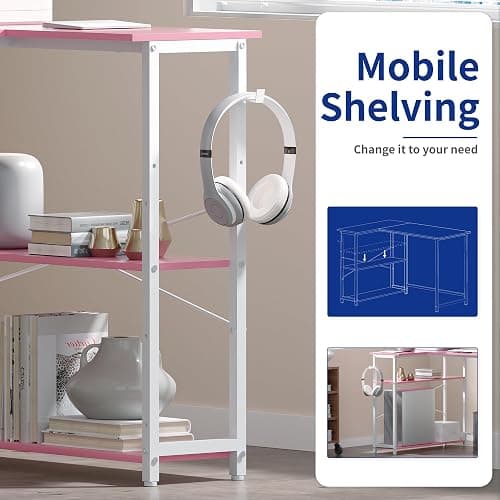 Pamray 43 Inch L Shaped Computer Desk with Reversible Side Storage Shelves, Small Corner Desk for Small Space Home Office,Writing Study Table PC Desk for Bedroom,Pink with White Leg thumbnail 4