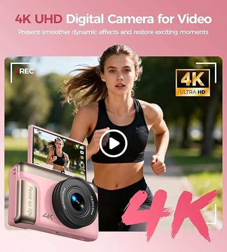 Macchina Fotografica Digitale 4K 64MP: Ultra HD Fotocamera Digitale Compatta per Vlog con Flip 180° da 3" Videocamera con Zoom Digitale 16X Scheda da 32GB per Bambini Principianti Adulti Studenti Rosa thumbnail 2