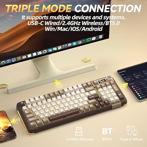 SOLAKAKA A99 Pro Mechanical Keyboard with LCD Screen & Metal Knob, Wireless Gaming Keyboard with BT5.0/2.4GHz/USB-C, Hot Swappable Creamy Keyboard, Gasket Structure, RGB Backlit, for Win/Mac thumbnail 3