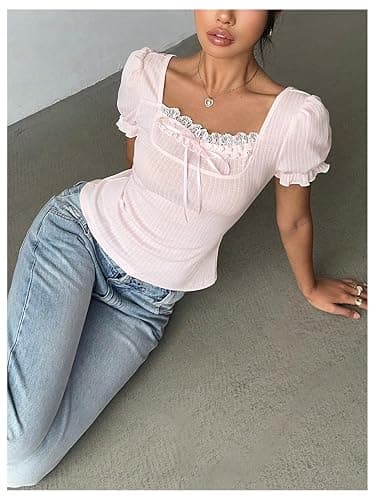 SOLY HUX Women's Cute Lace Puff Sleeve Tops Y2k Tie Front Square Neck Ribbed Knit Coquette T Shirts thumbnail 4