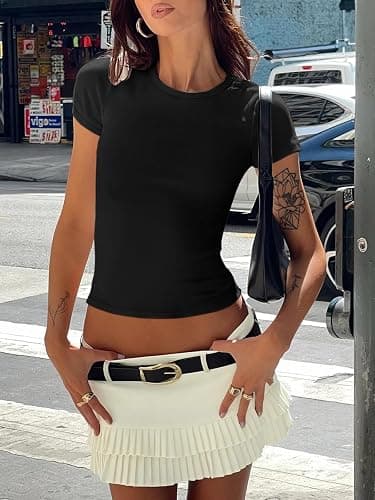 Womens Shirts Tops T Shirts 2025 Casual Basic Going Out Summer Slim Fit Short Sleeve Crop Tops Tight Y2k Teen Girls thumbnail 4