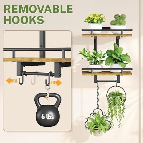 iDavosic.ly Wall Plant Holder Set of 2, 2 Tier Indoor Floating Shelves with 4 Hooks for Hanging Plants, Wall Mounted Space Saving Display Stand for Living Room Bedroom (Pots/Chains Not Included) thumbnail 5