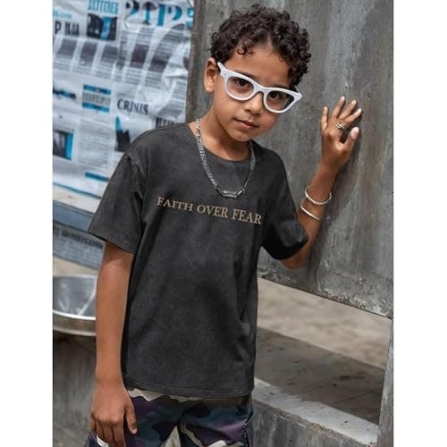 KEEVICI Boys Faith Over Fear Shirt Christian Jesus T Shirts for Kids Bible Verse Religious Graphic Tees Acid Wash Tshirt thumbnail 2