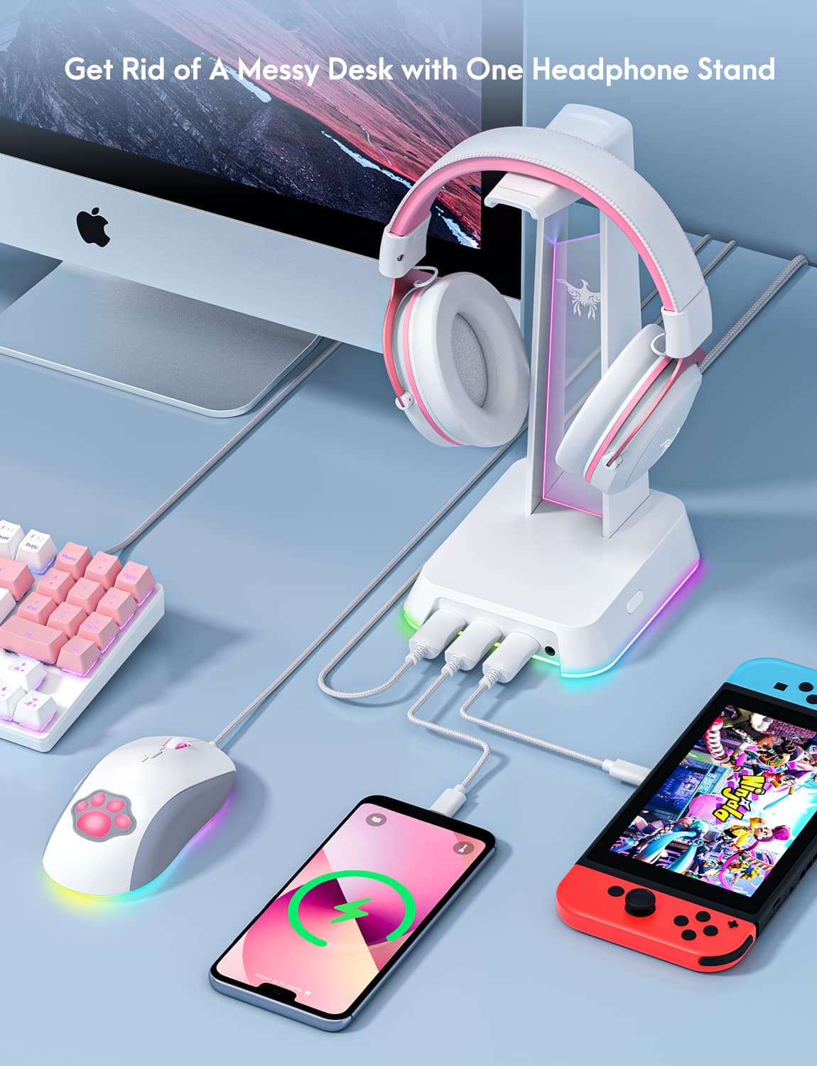 PHNIXGAM - Soporte para auriculares RGB con 3,5 mm AUX y 3 puertos USB 2.0, soporte universal para auriculares para juegos de computadora y juegos (blanco) - Blanco thumbnail 6