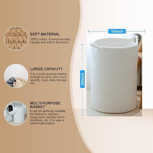 Homlikelan 58L Woven Laundry Basket,Cotton Tall Laundry Hamper for Blankets,Clothes,Pillows,Toys,Shoes Large Laundry Bin White thumbnail 2
