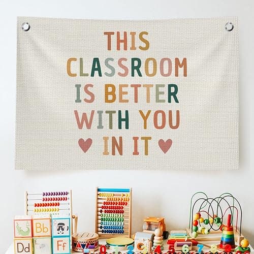 QROZIAR Boho Classroom Decor for Teacher, Cute Neutral Classroom Must Haves Wall Decor, Welcome Sign Canvas Banner Wall Hanging Banner Flag, Back To School Wall Flags for Nursery Classroom Teacher, This Classroom Is Better With You In It 30x20 inchs - Image 1