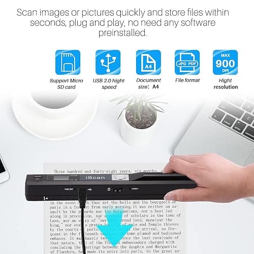 Portable Document Scanner, AOZBZ 900DPI Handheld Image Scanner, Scanning Wand,A4 Colour Photo Mobile Scanner Handy Scan (JPG/PDF Format, High Speed USB 2.0, Included 16G SD Card) thumbnail 3