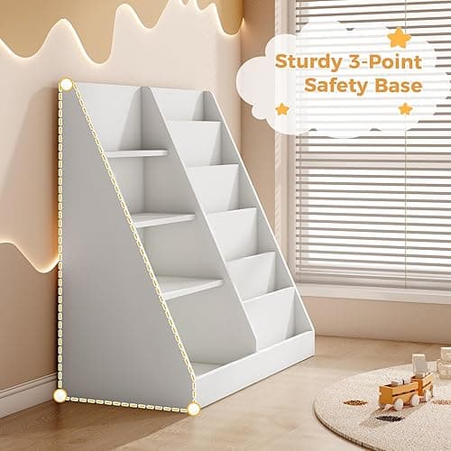 Tatub 6 Tier Kids Wooden Bookshelf and Toy Storage, Children Toy Organizer with Book Shelves, Toddler BookRack Baby Bookcase for Nursery, Playroom and Classroom, White thumbnail 6