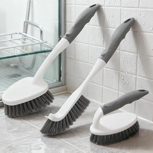 3 Pack Heavy Duty Scrub Brush Set for Household Use, Long Scrub Brush, Handheld Scrub Brush, and Crevice Brush with a Scraper Head for Cleaning Bathroom, Tile, Grout, Tub, Floor, Sink thumbnail 2