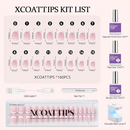 BTArtboxnails XCOATTIPS Gel Nail Kit - Short Squre French Tip Press on Nails Kit, Pink Soft Gel Nail Tips with Nail Gel, French Protecing Duo and Nail Lamp for Gift Home DIY thumbnail 6