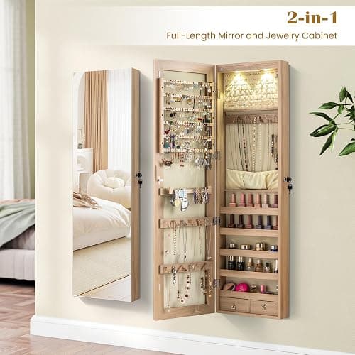 Giantex Wall or Door Mounted Jewelry Armoire with 47.5" Full Length Mirror, Lockable Cabinet with 2 LED Lights, 2 Drawers, Over the Door Large Jewelry Storage Organizer (Light Oak) thumbnail 9