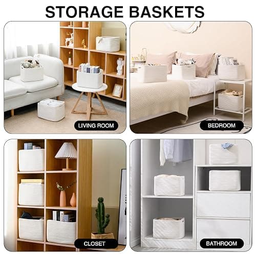 ICERZCZ Storage Baskets for Organizing, Woven Basket for Storage, Storage Baskets Bin for Shelves, Cotton Rope Basket with Handles, 12.5"Lx9.1"Wx7.9"H, (4 Packs) Off White thumbnail 4