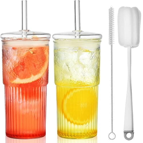 ALINK Glass Cups with Lids and Straws, 22 oz High Borosilicate Clear Iced Coffee Glass Tumblers, Drinking Glass Smoothie Tea Water Cups, Pack of 2 with Cleaning Brush - Image 1