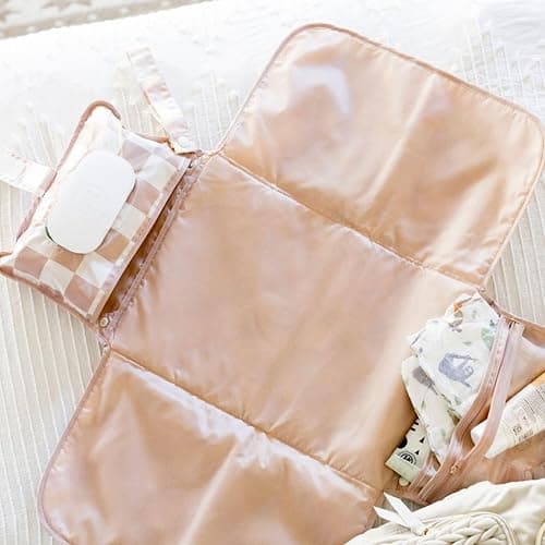 Tiny Twinkle Portable Diaper Changing Pad | Waterproof, Wipeable & Compact Baby Changing Pad for Travel | Smart Wipes Pocket & Organized Storage| Newborn Shower Gift (Beige Checkers) thumbnail 6