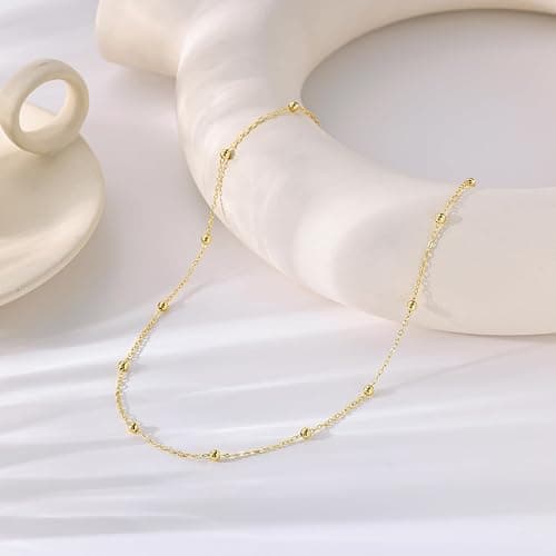 Tewiky Gold Chain Necklace for Women, 14k Gold Plated Thin Beaded Wave Box Necklace Dainty Simple Layered Choker Minimalist Link Chain Necklace Trendy Jewelry for Women thumbnail 7