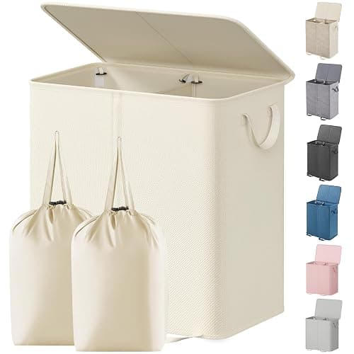 Lifewit Double Laundry Hamper with Lid and Removable Laundry Bags, Large Collapsible 2 Dividers Dirty Clothes Basket with Handles for Bedroom Laundry Room Closet Bathroom College, 136L Ivory White - Image 1