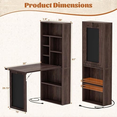 Armocity Small Folding Desk with Outlets, Fold-Out Murphy Desk Craft Table | Foldable Wall Mounted Desk Cabinet with Storage, Multi-Function Desk for Small Spaces/Home Office/Craft Room, Black Walnut thumbnail 3