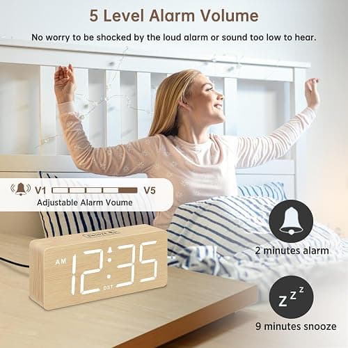 DreamSky Wooden Digital Alarm Clock for Bedroom - Desk Clocks for Living Room with Large Numbers, Dimmer, Loud Alarm for Heavy Sleepers with Volume Control, DST, Office Wood Decor (Plug in Clock) thumbnail 4