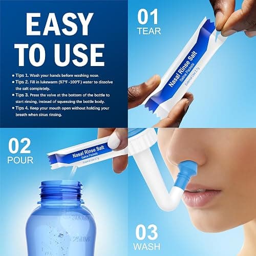 MAOEVER Neti Pot Sinus Rinse Bottle Nose Wash Cleaner Pressure Rinse Nasal Irrigation for Adult & Kid BPA Free 300 ML with 30 Nasal Wash Salt Packets and Sticker Thermometer(Blue) thumbnail 7