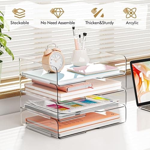 YKLSLH 4 Trays Paper Organizer Letter Tray - Acrylic Desk File Organizer, Stackable Clear Paper Holder Sorter Office Organizer for Letter/A4, Office File Ipad Books Notes Etc thumbnail 4