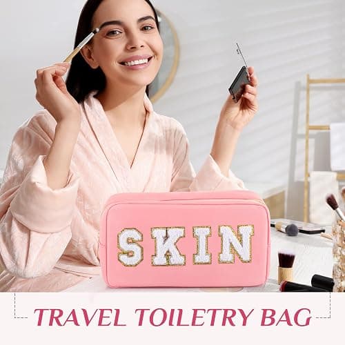 Remerry 4 PCS Nylon Cosmetic Bags Waterproof Spacious Travel Makeup Organizer for Women Chenille Letter Preppy Zipper Pouch Face Stuff Skin Hair Organizer Gift(Pink) thumbnail 5