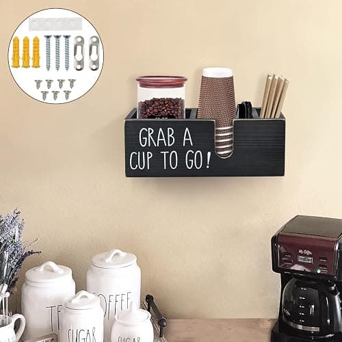 Cheeorry Coffee Station Organizer for Countertop, Cup and Lid Holder for Cup Lid Sleeve Pods Condiment, Wooden Disposable Cup Dispenser Holder for Coffee Bar Accessories Organizer and Storage thumbnail 3