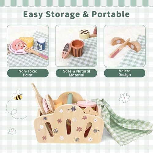 Masonbaby Wooden Play Food for Kids Kitchen With Wooden Storage Basket,Toy Kitchen Accessories Pretend Play Toy Role Play Kitchen Accessories Educational Learning Toys Christmas & Birthday Gift thumbnail 5