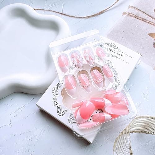 24 Pcs French Tip Press On Nails - Short Almond Bow Fake Nails with Pearl Designs - White French Tip False Nails - Reusable Artificial Nails for Women & Girls thumbnail 3