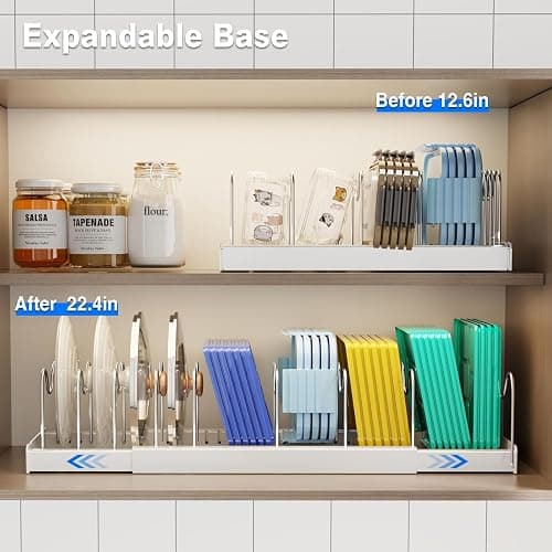MUSTORN Pots and Pans Organizer Under Cabinet, 22" Expandable Food Storage Container Lid Organizers with 9 Adjustable Dividers Pot and Pan Lid Holders Rack Inside Cabinet/Countertop(1 Pack, White) thumbnail 3