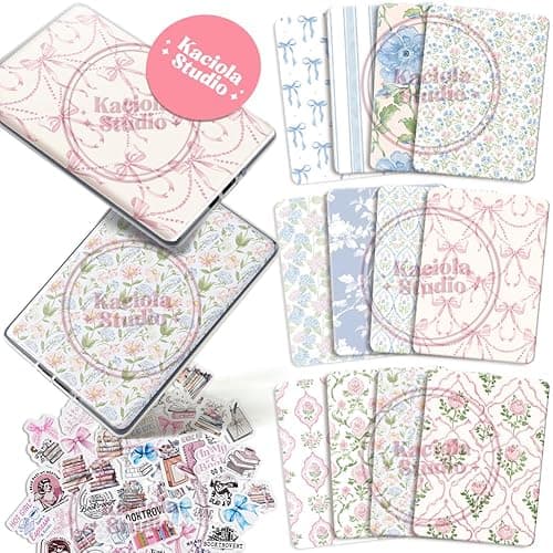Kaciola 12PCS Inserts Cardstock Paper for Kindle, and 50PCS Scrapbook Stickers for Clear Case, 6.9"x4.8" Flower Theme E-Reader Back Cover Insert Decorating Accessories for Paper White 11th-12th - Vintage Flower-6.9" - 6.9" x 4.8"