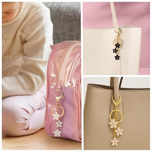 Qubusm 3Pcs Cute Keychain for Women, Flower Enamel Charm Keyring for Handbag Backpack Purse（White,Pink,Black thumbnail 4