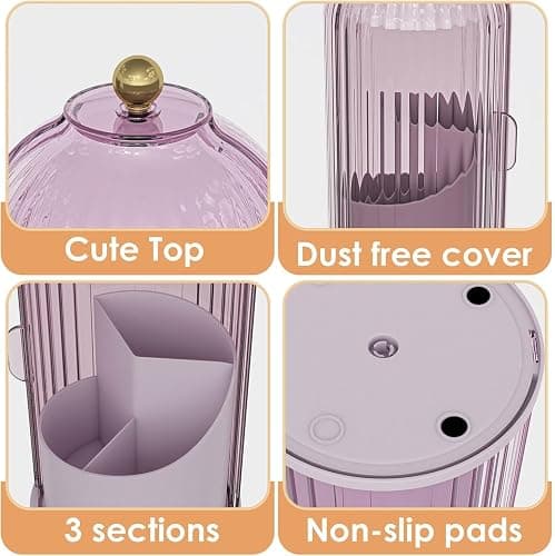 Zufudo Dustproof Toothbrush Holders with Cover, Rotating Electric Toothbrush and Toothpaste Holder for Bathroom Countertop, 3 Slots Makeup Brushes Organizer, All Pink thumbnail 5