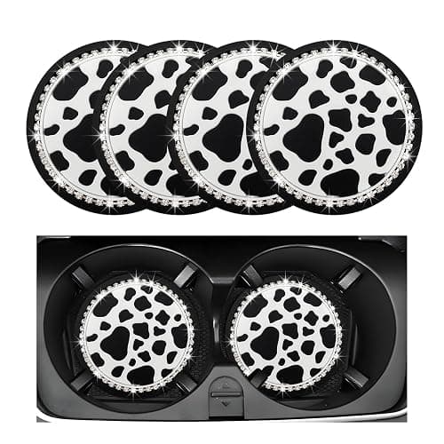 Yourkar 4 PCS Cow Print Car Cup Coaster, 2.75 Inch Anti-Slip Auto Cup Holder Insert Coaster, Anti Slip Bling Cup Mats with Flower Pattern, Universal Interior Car Accessories (Cow Print) - Image 1