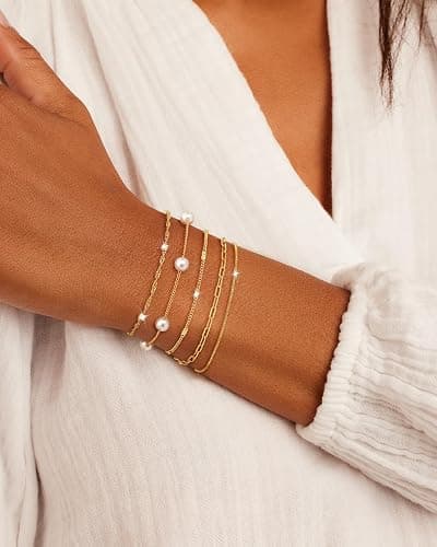 NECOCY 14K Gold Plated Bracelets for Women, Stackable Bracelet Stack Set Adjustable Charm Paperclip Chain Cuban Link Layered Waterproof Jewelry Sets Christmas Gifts for Love thumbnail 2