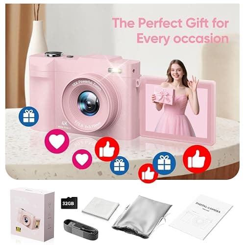 4K Digital Camera for Photography- 50MP Autofocus Vlogging Camera with 2.8" 180°Flip Screen, 18X Digital Zoom- Compact Point and Shoot Camera with 32GB TF for YouTube, Travel, Beginners, Pink thumbnail 7