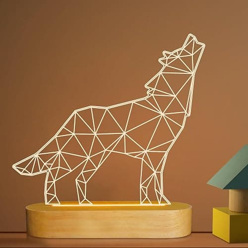 Wolves Gifts,3D Optical Illusion Wolf Lamp Animal LED Night Light for Kids Boys Men Bedroom Decoration,USB Power Warm White Color Table Lamps,Yellow - Image 1