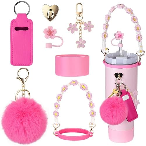 Mity rain Cup Accessories for Stanley Cup 30oz 40oz Tumbler with Handle, Including Water Bottle Handle Strap, Chapstick Holder, Boot, Keychain Charms, Straw Topper Cover Cap for Stanley (Pink) thumbnail 8