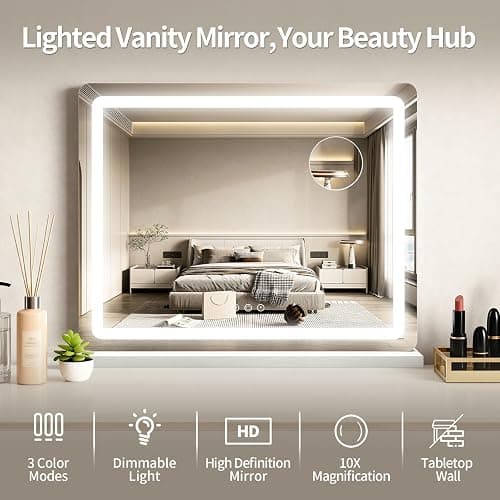 ROLOVE 23"x 18" Large Vanity Mirror with Lights, LED Makeup Mirror for Dresser and Desk, 10X Magnification, Dimmable Touch Control, Wall Mounted or Tabletop Mirror for Bedroom (White) thumbnail 8
