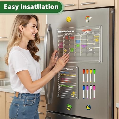FINDMAG Tableau magnétique effaçable à sec en acrylique pour réfrigérateur, calendrier magnétique pour réfrigérateur, liste de courses pour réfrigérateur, bloc-notes transparent, tableau de corvée thumbnail 4