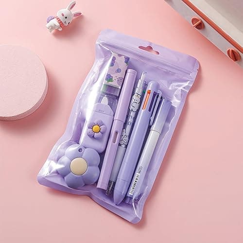7 Pcs Cute Purple Stationery Set Kawaii School Supplies Office Supplies Including Ballpoint Pens Pencil Sharpener Highlighter Correction Tape Ruler Utility Knife (Purple) thumbnail 2