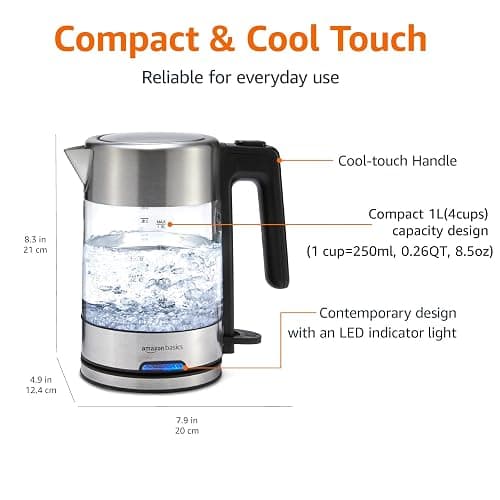 Amazon Basics Electric Kettle with Glass Carafe for Tea and Coffee, Fast Boiling, Auto Shut-Off, Boil-Dry Protection, Temperature Control, Removable Filter, 1 Liter, 1500W, BPA-Free thumbnail 2