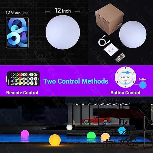LOFTEK Pool LED Light Ball - 12-inch Sphere Lamp Rechargeable - 16 RGB Cool Lamp for Bedroom Ambient Lighting - Smart Night Light for Baby Nursery - Waterproof Light for Yard & Pool Decor, 1PCS thumbnail 7