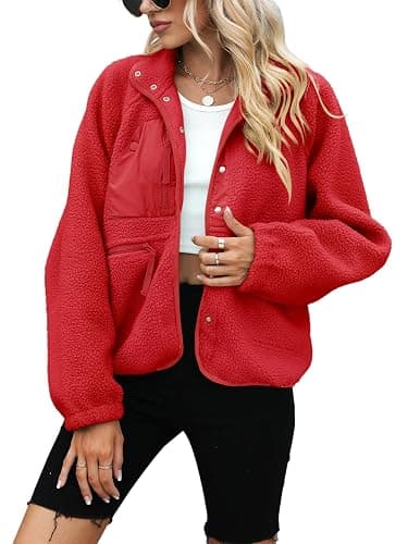 Yanekop Womens Fleece Jacket Fuzzy Long Sleeve Short Winter Coats Button Down Sherpa Jacket Outerwear with Pockets thumbnail 2