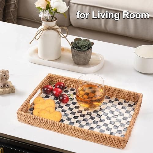 Tynulox Rectangle Rattan Tray with Mother of Pearl Inlay, Rattan Serving Tray with Handle for Coffee, Bread, Fruits, Snacks, Decorative Wicker Tray for Table Decor (Black Checkerboard, 13"×9") thumbnail 2