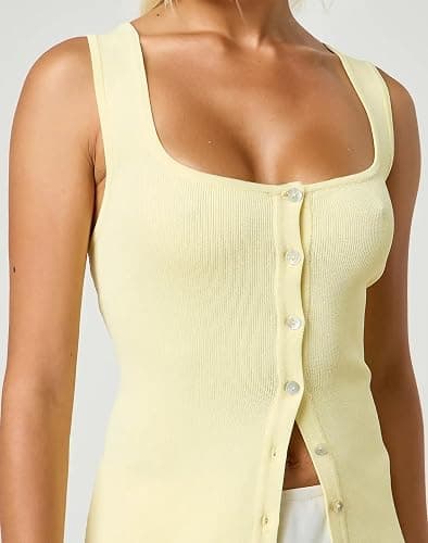 AIHUKOCY Women Square Neck Button Down Knit Tank Top Button-Up U Neck Sleeveless Backless Solid Slim Sexy Sweater Vest Tops thumbnail 3